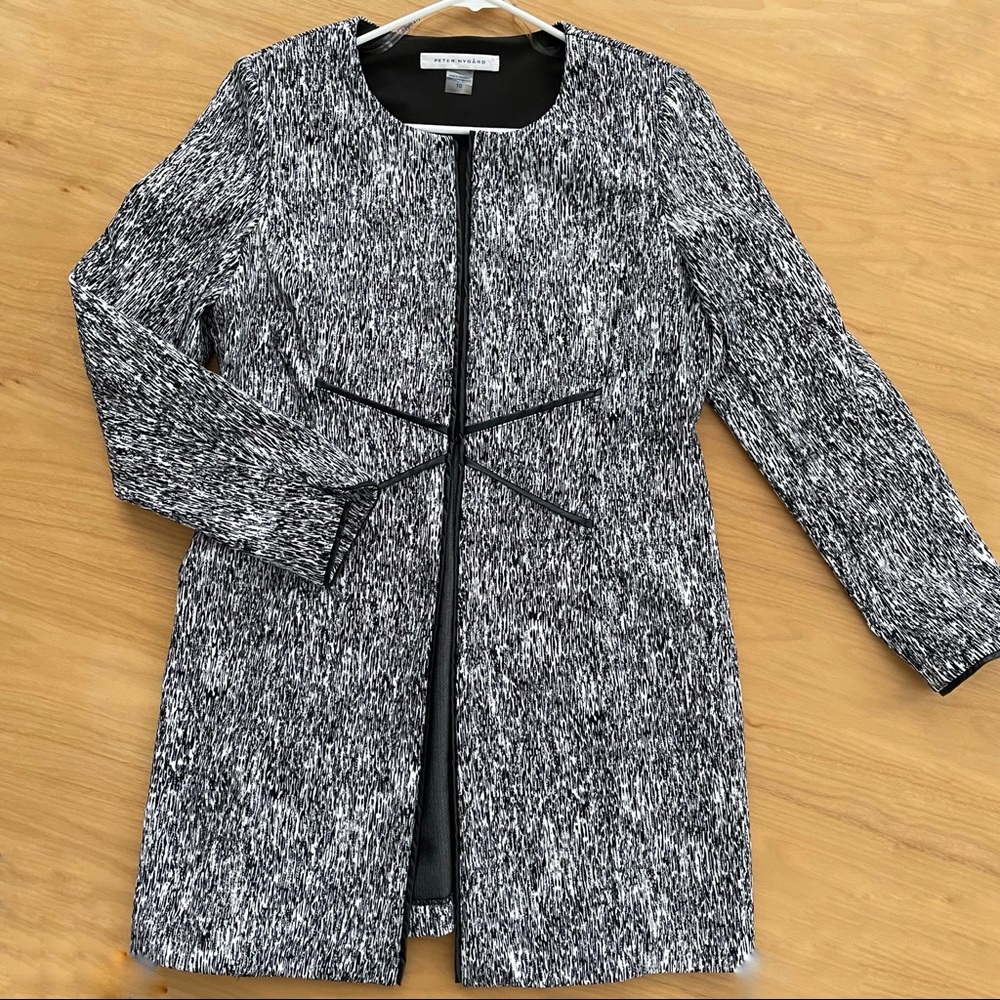 Peter Nygard Long Leather Trim Silver Duster Jacket